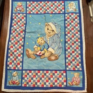 Vintage Blue Jean Teddy Bear Nursery Crib Quilt or Baby Blanket